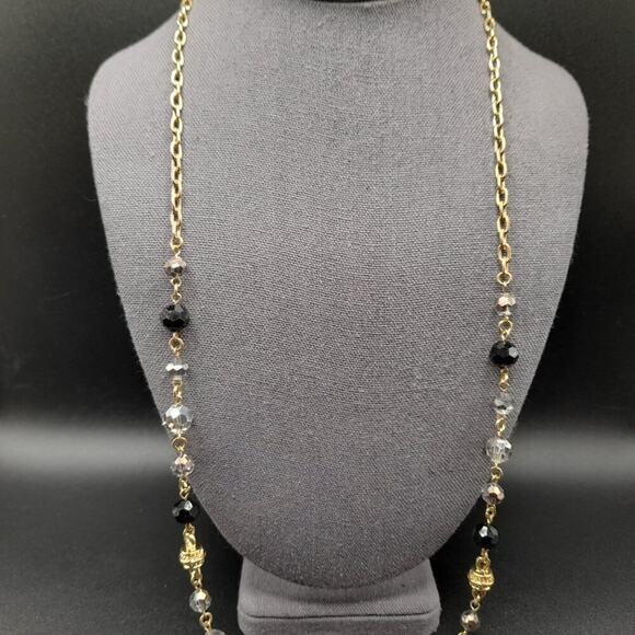 Vintage Long Black Smoky Crystal Necklace, 44 Inch, Gold Tone Chain Spacer Beads - Picture 3 of 11
